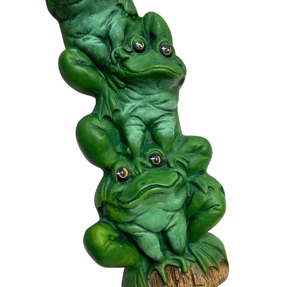 Vintage 1970s Green Frogs Stack Quirky Pottery Art - Hand Painted Ceramic Statue - Picture 3 of 9